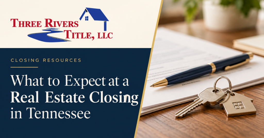 hree Rivers Title, LLC branded graphic about real estate closing in Tennessee, with documents, a pen, and house keys.