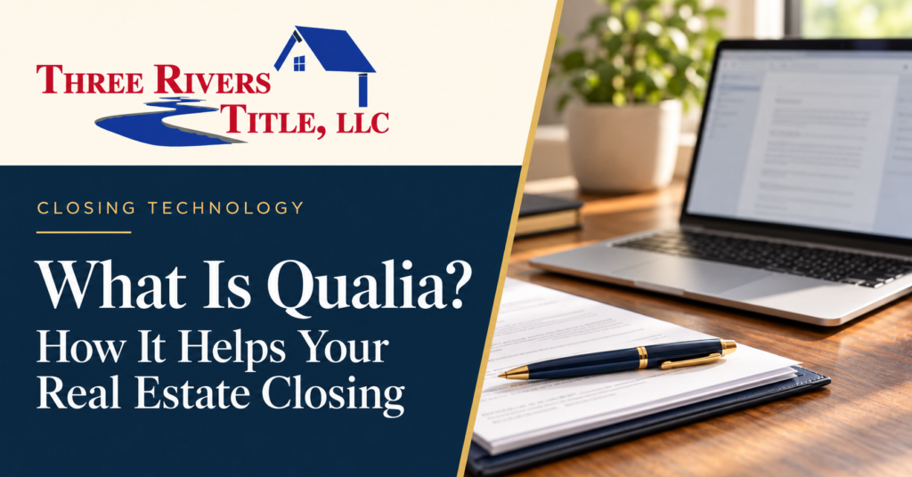 Three Rivers Title branded graphic about Qualia, with a laptop, closing documents, and a pen.
