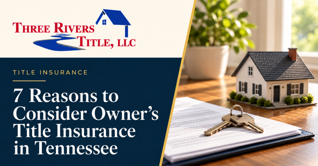 Three Rivers Title branded graphic about owner’s title insurance in Tennessee, featuring a model home, keys, and property documents.