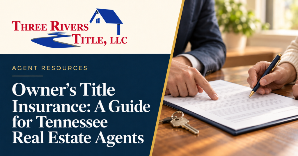 Three Rivers Title branded graphic showing an agent and buyer reviewing property documents beside house keys.