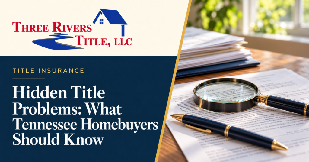 Three Rivers Title branded graphic featuring a magnifying glass and pen on property documents.